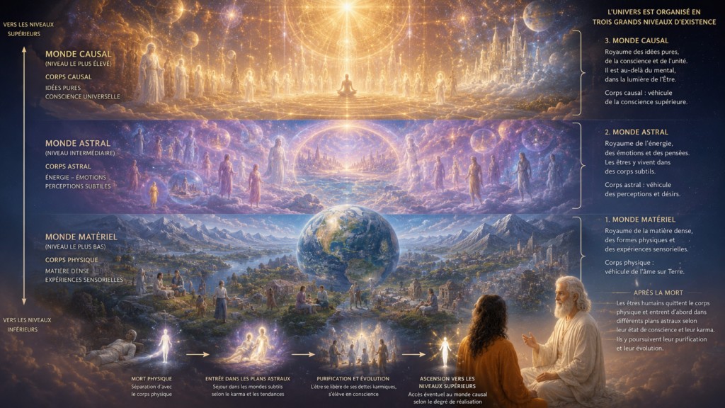 Les plans physiques, astral et causal selon l'explication de Sri Yukteswar, et conformes à d'autres traditions d'enseignements spirituels antiques.