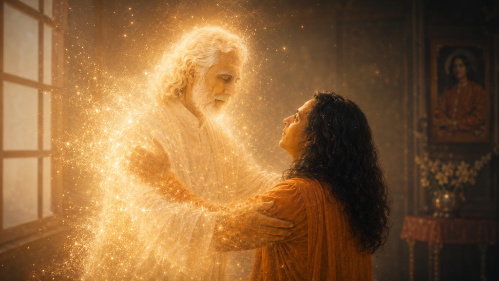 Illustration de l'au-revoir de Sri Yukteswar à Yogananda en fin de contact, le corps lumineux de Yukteswar disparaît peu à peu.