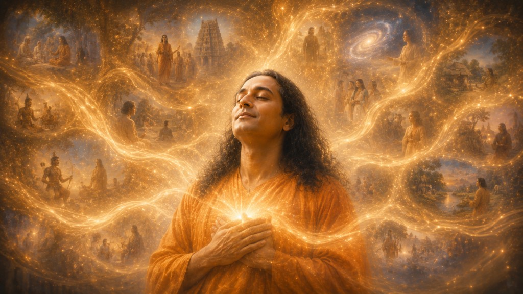 Illustration de la guérison de Yogananda de la tristesse de la mort de Yukteswar et sa vision de toutes ses vies précédentes qui lui arrivent en un flash rapid