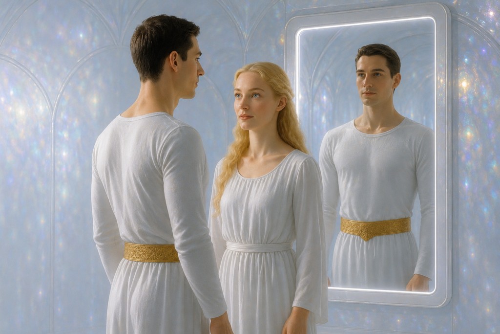 Illustration fictive de Orfeo qui regarde à quoi il ressemble sur Lucifer.