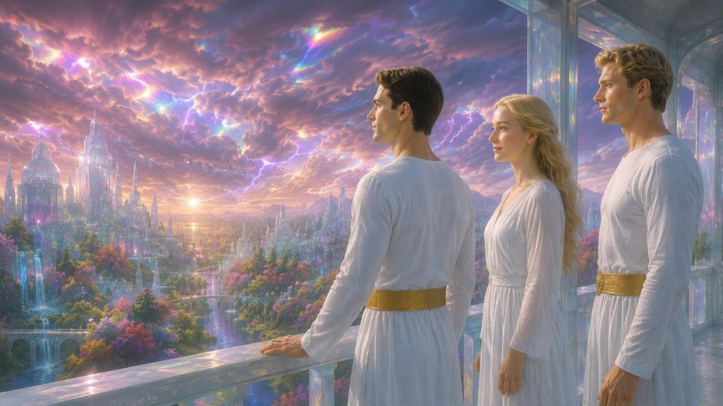 Image illustrative d'Orfeo regardant le superbe paysage depuis le balcon, accompagné de Lyra et Orion.