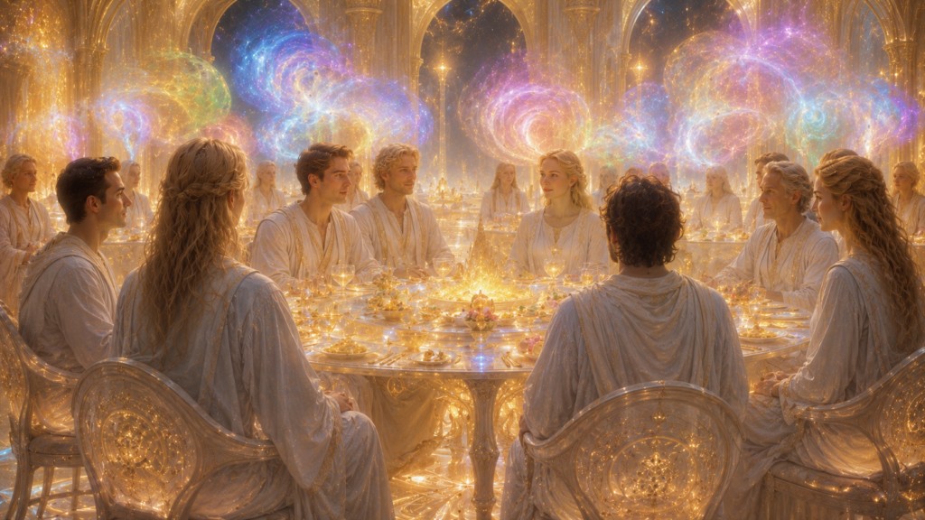 Illustration fictive du repas d'Orfeo sur Lucifer en compagnie de plusieurs de ses habitants.