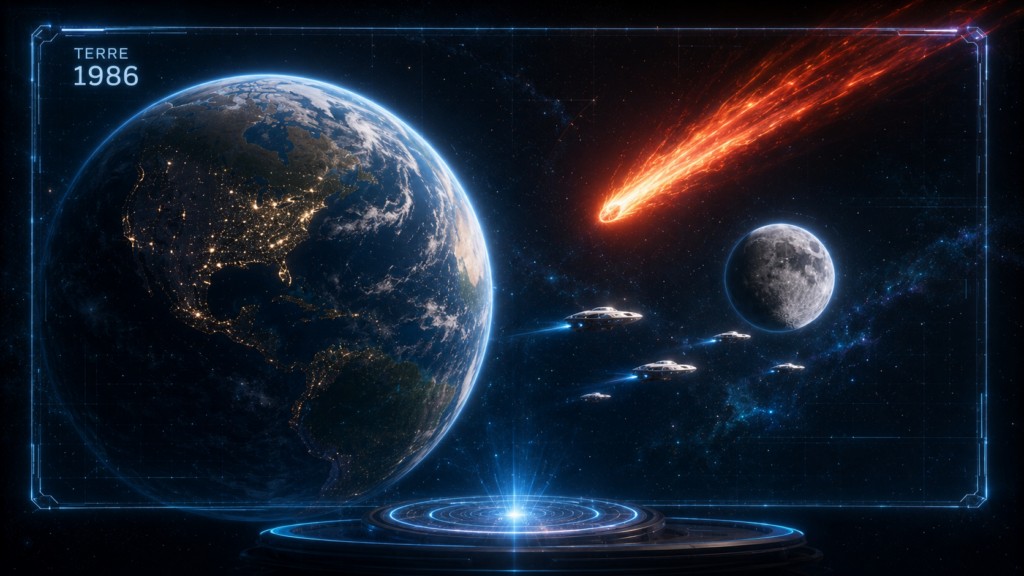 Image illustrative où Orion (ancien habitant de Lucifer) montre à Orfeo, sur un écran de projection un futur possible de la Terre percutée par une comète en 1986.