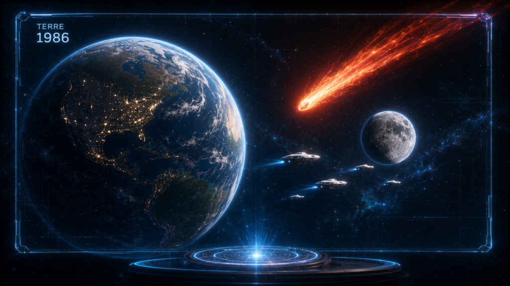 Image illustrative où Orion (ancien habitant de Lucifer) montre à Orfeo, sur un écran de projection un futur possible de la Terre percutée par une comète en 1986.