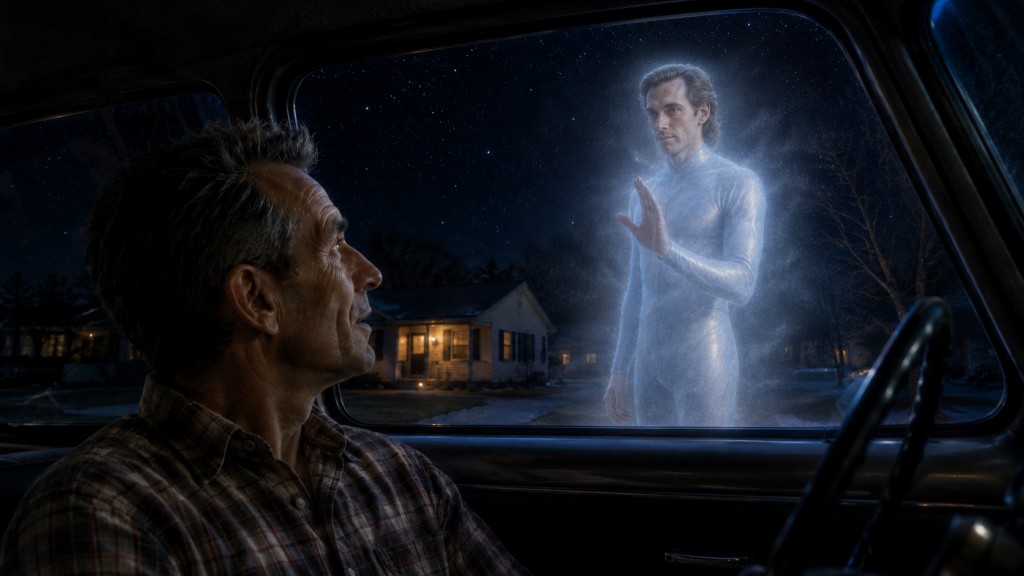 Image illustrative de la rencontre inattendue d'Orfeo avec Neptune (habitant de l'ancienne planète Lucifer)