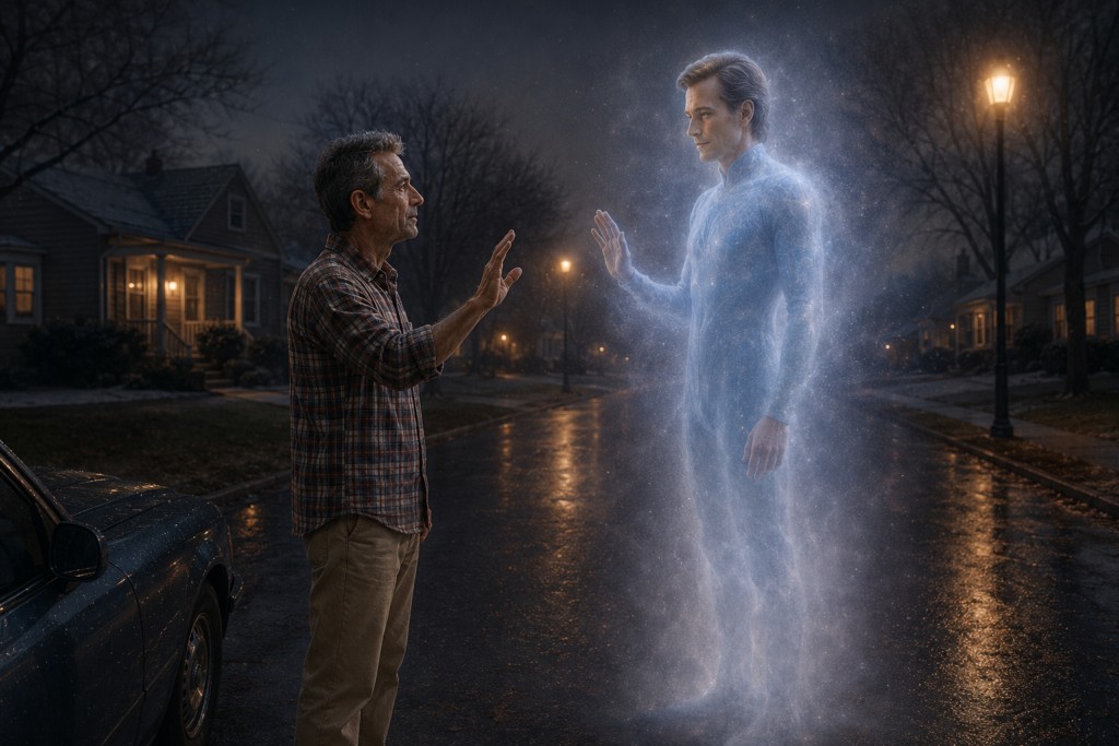 Image illustrative de la disparition dans l'éther de Neptune (habitant de l'ancienne planète Lucifer) devant Orfeo, en fin de leur conversation.