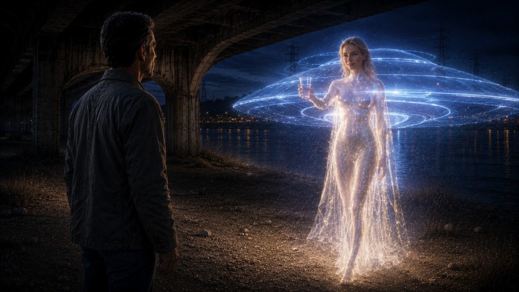 Image illustrative de la rencontre d'Orfeo avec Lyra (habitante de l'ancienne planète Lucifer) vers la rivière sous l'arche du pont, luitendant un liquide à boire pour l'aider à retrouver son équilibre émotionnel dans l'incarnation humaine.