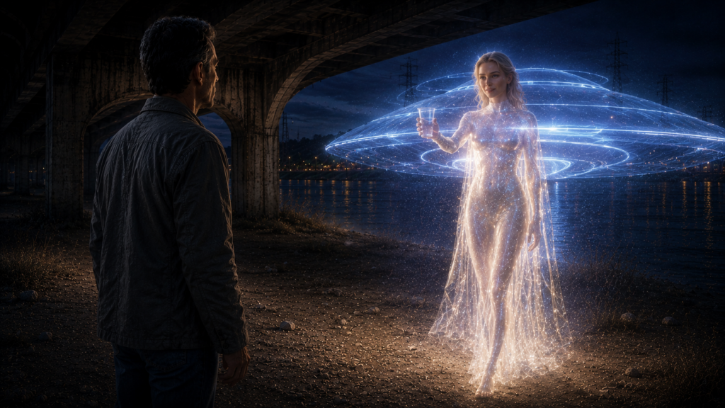 Image illustrative de la rencontre d'Orfeo avec Lyra (habitante de l'ancienne planète Lucifer) vers la rivière sous l'arche du pont, luitendant un liquide à boire pour l'aider à retrouver son équilibre émotionnel dans l'incarnation humaine.