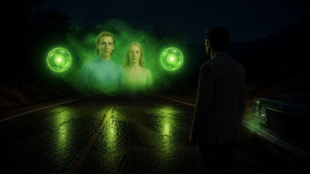 Image illustrative des deux personnes qu'Orfeo voit dans la brume verte servant d'écran entre les deux disques flottants. Plus tard il les reconnaîtra comme Lyra et Orion, deux habitants de l'ancienne planète Lucifer.