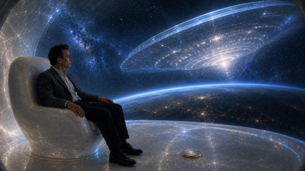 Image illustrative d'Orfeo ému en regardant le spectacle du gros vaisseau des habitants de Lucifer dans son champ de vision depuis le petit engin spatial en forme d'igloo dans lequel il est.
