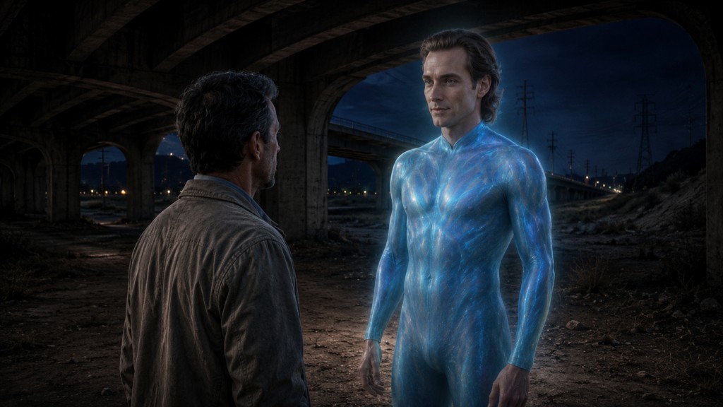 Image illustrative d'Orfeo rencontrant "Neptune" (nommé Astra en fait), sous le pont où il avait vu le vaisseau des anciens habitants de Lucifer en forme d'igloo la première fois.