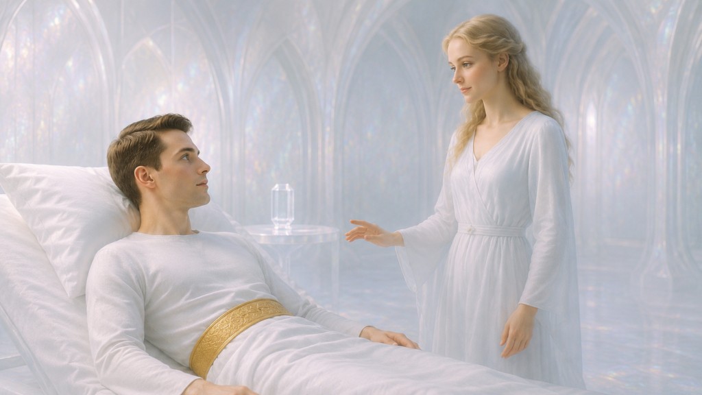 Illustration fictive de Orfeo dans sa nouvelle apparence qui est celle qu'il avait auparavant sur Lucifer quand il vivait sur leur monde, après son réveil, accueilli par Lyra.