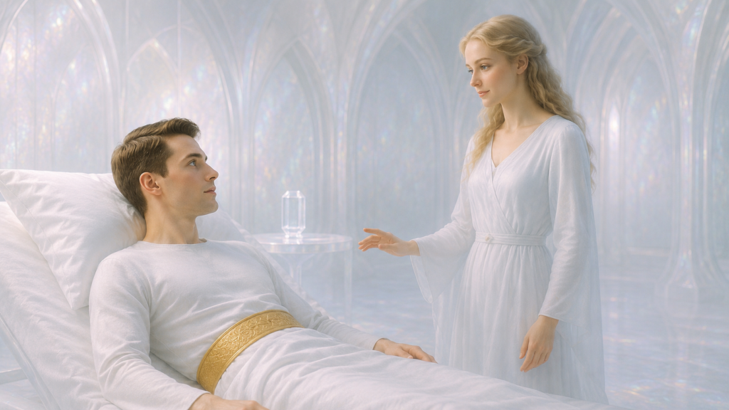 Illustration fictive de Orfeo dans sa nouvelle apparence qui est celle qu'il avait auparavant sur Lucifer quand il vivait sur leur monde, après son réveil, accueilli par Lyra.
