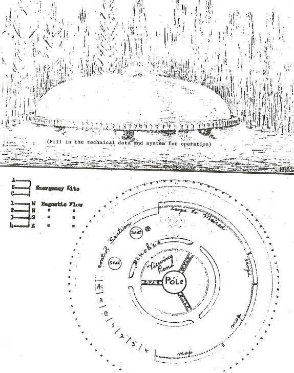 Dessin d’apparence extérieure et schématique intérieure du vaisseau emprunté, donné dans le livre de Helen et Betty Mitchell.