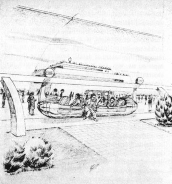 Dessin provenant du livre de Ernest Norman, repris dans le livre de Helen et Betty Mitchell dans la partie complémentaire ajoutée par Wendelle Stevens. À l'intérieur des tubes, qui constituent les villes martiennes, circulent ces petites navettes utilisées pour le transport.