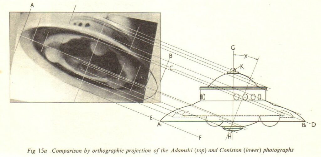 Projection orthoptique d’une photo de vaisseau navette-soucoupe Vénusienne prise par George Adamski le 13 décembre 1952 à Palomar Gardens, avec un télescope de 6 pouces de diamètre et un appareil photo adapté dessus.