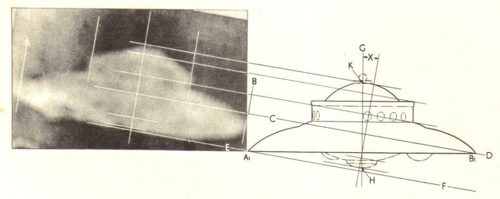 Projection orthoptique d’une photo de vaisseau prise par le jeune Stephen Darbishire, en présence de son cousin Adrian Myers en Angleterre dans le Lancashire, à Coniston, en février 1954 d’un appareil spatial. Dimensions identiques à la projection de la photo Adamski.