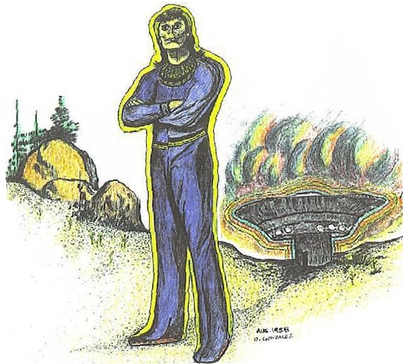 Dessin fait par Oswald Gonzalez en août 1958 représentant Zebban avec sa tenue, près du vaisseau. Zebban y apparait comme un homme de type humain, grand et élancé, aux cheveux descendant sur les épaules, vêtu d’une combinaison bleue et entouré d’une aura jaune. Derrière lui se trouvait un appareil discoïdal posé dans un paysage rocheux, avec une colonne centrale déployée sous sa base.