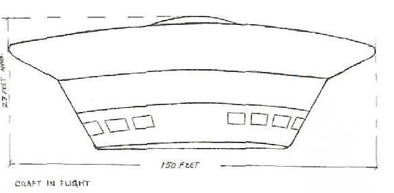 Dessin d’un des petits vaisseaux réalisé en 1958 par Oswald Gonzalez, de diamètre environ 45 mètres et hauteur 8 mètres.