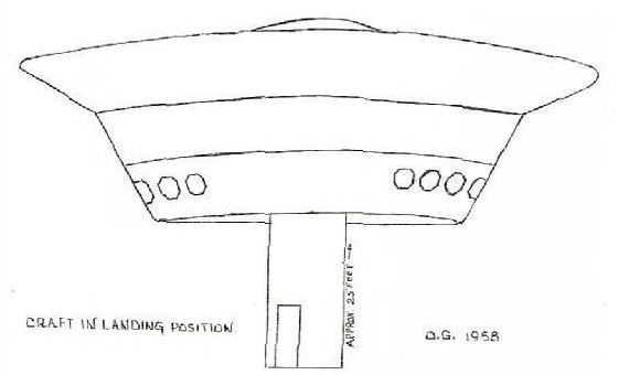 Dessin réalisé par Oswald Gonzalez en 1968 du vaisseau en position d'atterrissage, avec la sorte d’ascenseur déployé dessous sur lequel il repose lorsqu’il atterrit au sol, et qui sert de zone d’entrée et sortie du vaisseau.