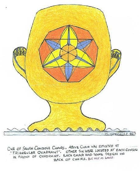 Dessin en couleur fait par Oswald. Un des 7 fauteuils en face de la console de pilotage. Ce fauteuil est celui qui faisait face à ce qui est appelé le « quadrant triangulaire », et les 6 autres étaient face aux autres quadrants. Chaque fauteuil avait la même conception et apparence du côté arrière dessiné ici, mais ils n’étaient pas aussi larges que celui-ci. On voit des boutons de commande sur les extrémités des accoudoirs du fauteuil, depuis l’arrière.