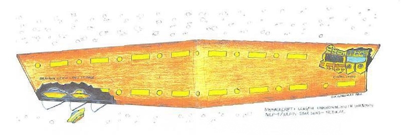 Dessin en couleur par Oswald d’un vaisseau porteur comme celui observé par lui. Une vue de l’intérieur est faite sous la forme de déchirure du dessin à l’arrière pour montrer que c’est le hangar à navettes avec divers types de vaisseaux de dans, et les trappes de sortie des vaisseaux. A l’avant une autre déchirure du vaisseau y montre les consoles de commande et écrans.