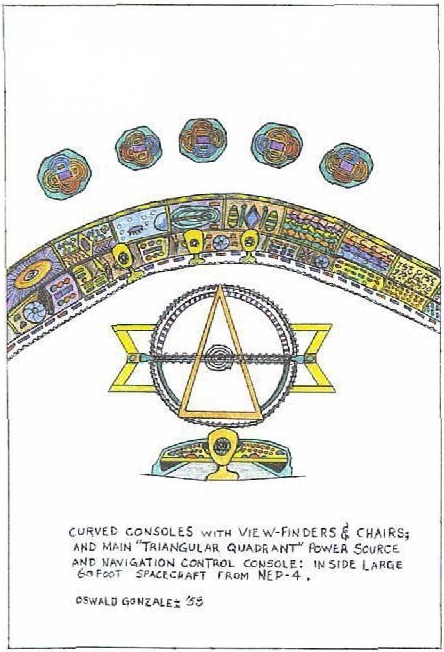 Dessin en couleur fait par Oswald représentant la zone de contrôle du vaisseau. On y voit ce qu’il appelle le quadrant triangulaire », une zone de contrôle de la direction du vaisseau de forme triangulaire suspendue en l’air avec un siège permettant de le contrôler placé dessous. Et 6 autres postes de contrôle (d’autres « quadrants ») placés en face avec chacun un fauteuil en face pour qu’un membre d’équipage prenne place à son poste. On distingue aussi des écrans avec des lignes colorées comme décrites. Oswald indique que ce dessin provient d’un vaisseau de 18 mètres (un de ceux qui l’amenèrent jusqu’au vaisseau porteur).