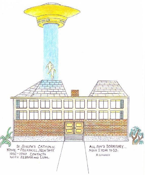 Ce dessin d’Oswald représente le foyer catholique Saint Joseph de Peekskill, dans l’État de New York, où il vécut de l’âge d’un an jusqu’à dix ans, entre 1930 et 1940. Un appareil discoïdal jaune est figuré au-dessus du dortoir des garçons. Un large faisceau bleu descend vers le toit et deux silhouettes humaines semblent s’élever à l’intérieur de cette lumière. L’illustration associe cette scène aux contacts d’Oswald avec Zebban et Liom pendant son enfance.