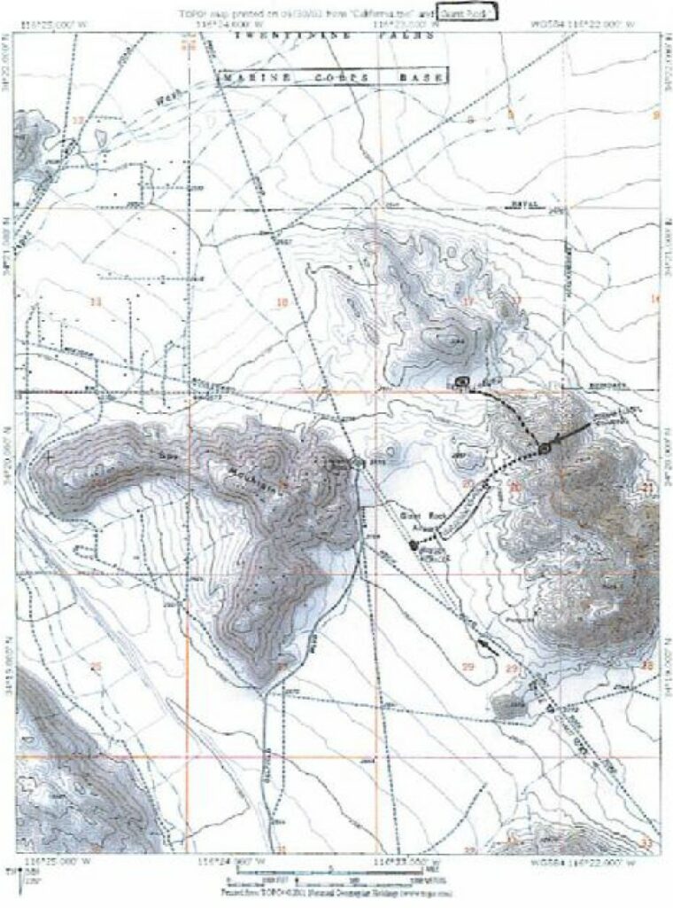 Carte annotée par Oswald Gonzalez à basse qualité de résolution mise dans le livre, avec les lieux de contacts cerclés. Contacts avec NEP-4 près de Giant Rock indiqués avec des croix.