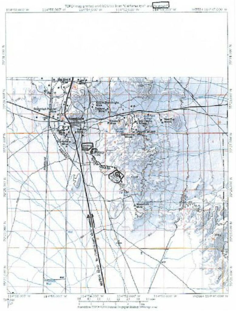 Carte annotée par Oswald Gonzalez à basse qualité de résolution mise dans le livre, avec les lieux de contacts cerclés. Contact avec NEP-4 au sud-est de la ville de Searchlight indiqué avec une croix.