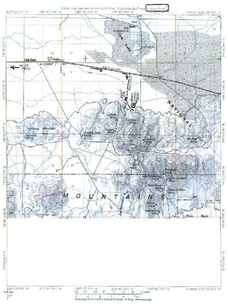 Carte annotée par Oswald Gonzalez à basse qualité de résolution mise dans le livre, avec les lieux de contacts cerclés. Contact avec NEP-4 dans le Parc National de Joshua Tree indiqué avec une croix.