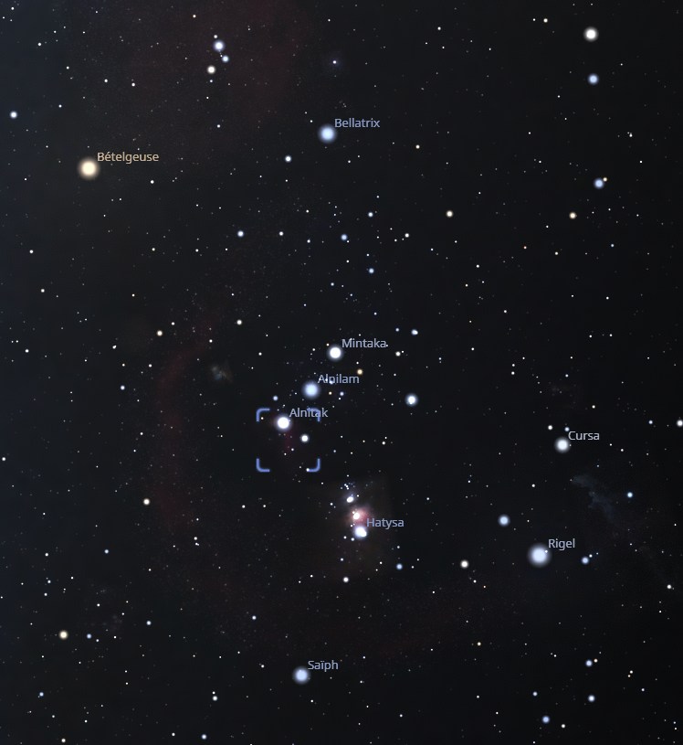 Constellation d’Orion avec en encadré l’emplacement de la Nébuleuse tête de cheval près de Alnitak du Baudrier d’Orion.