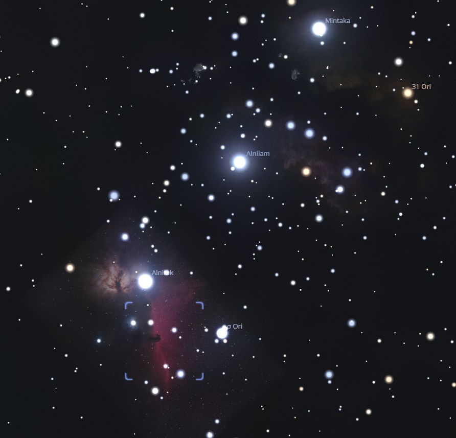 Zoom sur l’emplacement de la nébuleuse tête de cheval qu’on distingue d’ailleurs sur cette photo, sous Alnitak et à gauche de sigma Ori sur cette image.