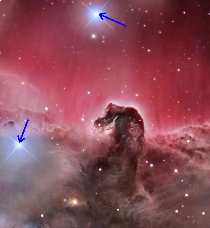 Si on fait le choix d’étoiles vraiment très brillantes on a deux autres candidats possibles à l’ouest et au nord de la tête de cheval (mais pas sur la photo de couverture du livre, moins probable). Donc on voit qu’il ne sera pas possible de déterminer quelles sont les étoiles en question précisément.