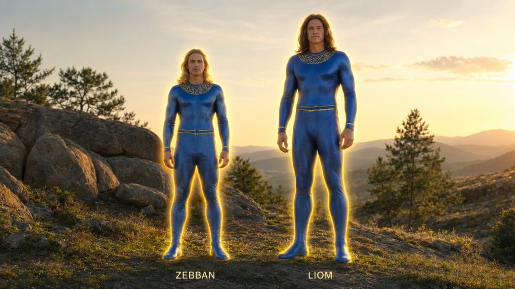 Illustration fictive de Zebban et Liom selon la description précise de leur taille, vêtements et apparence faite par Oswald Gonzalez et d'après aussi son dessin de Zebban en combinaison.