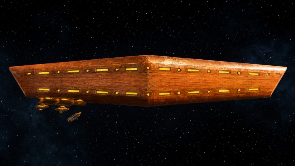 Illustration fictive du vaisseau-porteur de Nep-4 "Phoenix" aec les trappes arrières ouvertes sous le vaisseau pour laisser sortit les plus petits vaisseaux d'exploration, selon le dessin de Oswald Gonzalez.