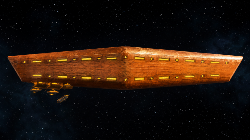 Illustration fictive du vaisseau-porteur de Nep-4 "Phoenix" aec les trappes arrières ouvertes sous le vaisseau pour laisser sortit les plus petits vaisseaux d'exploration, selon le dessin de Oswald Gonzalez.