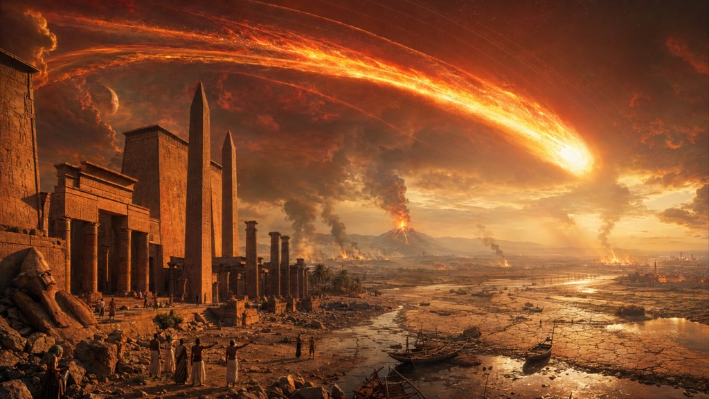 Illustration fictive du passage de Phaéton (la comète de Halley) qui amena la destruction sur Terre en passant très près, dans les temps passés.