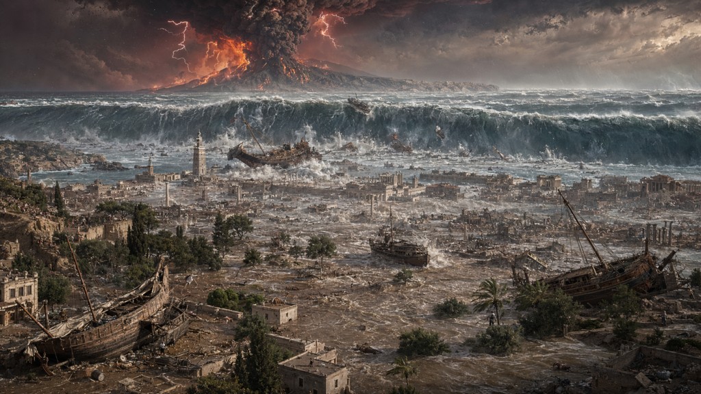 Illustration fictive des tsunamis produits par les éruptions massives dans le passé.