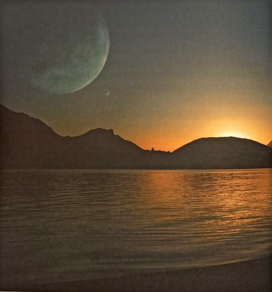Les deux lunes de leur planète V1, prises en photo depuis le sol de V1.