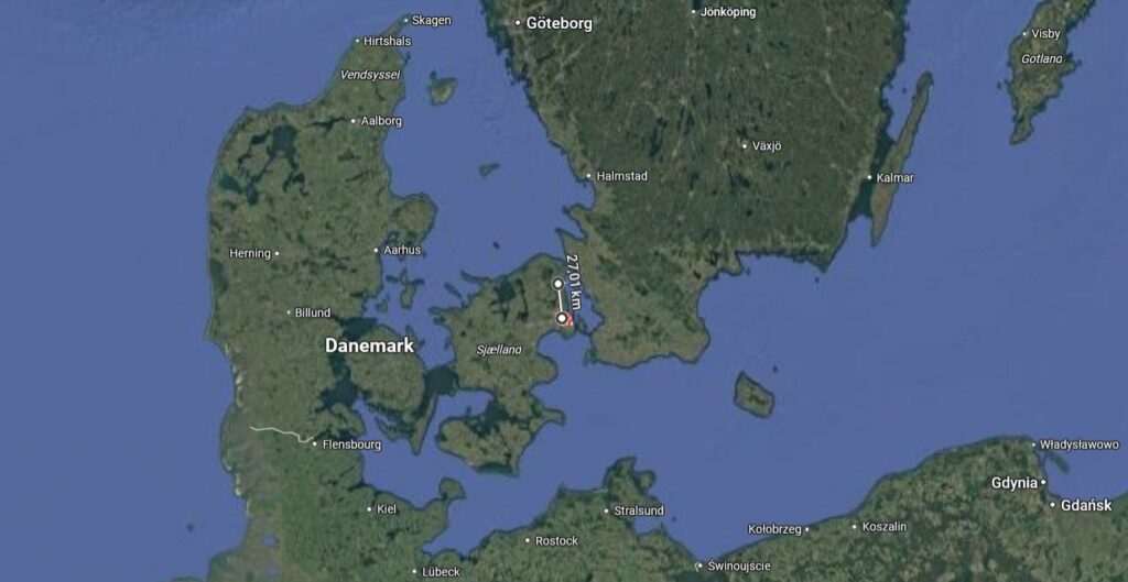 Le Danemark, et l'emplacement de Copenhague ainsi qu'une mesure de 27km vers le Nord où les visiteurs ont embarqué Rene Erik Olsen selon son propos.