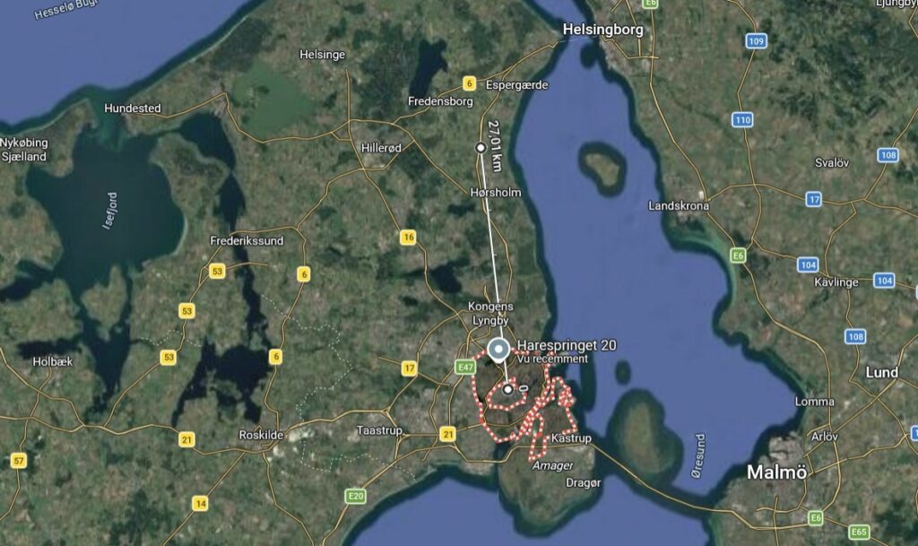 Copenhague en pointillés rouges, et la distance de 27km vers le Nord mesurée depuis le centre faute de mieux, pour idée approximative d'où les visiteurs ont embarqué Rene Erik Olsen.