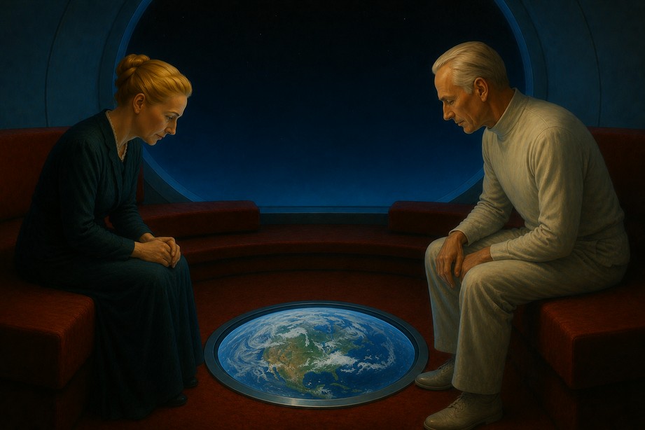 Image illustrative générée par IA représentant Elizabeth et Akon dans le vaisseau, autour de la lentille d'observation au centre.