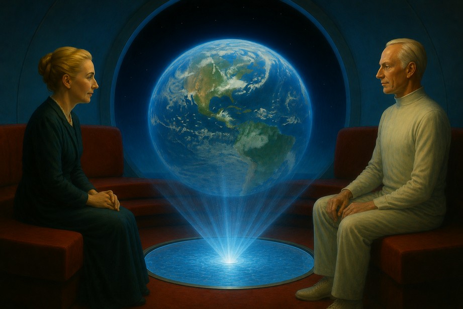 Image illustrative générée par IA représentant Elizabeth et Akon regardant des paysages de la Terre flottant dans l’espace projetés par la lentille, l’ambiance de couleur ayant changé pour du bleu dans le vaisseau.