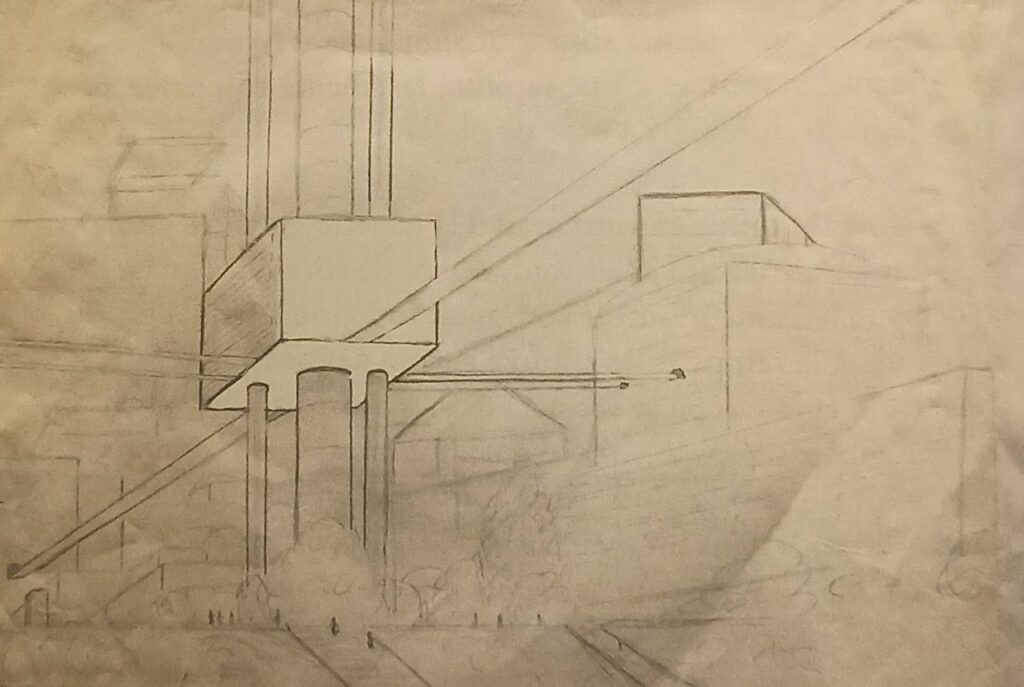 La capitale de la planète V1 des visiteurs, la "Cité de la technologie". Dessin de Rene Erik Olsen depuis son livre "Autres civilisations".