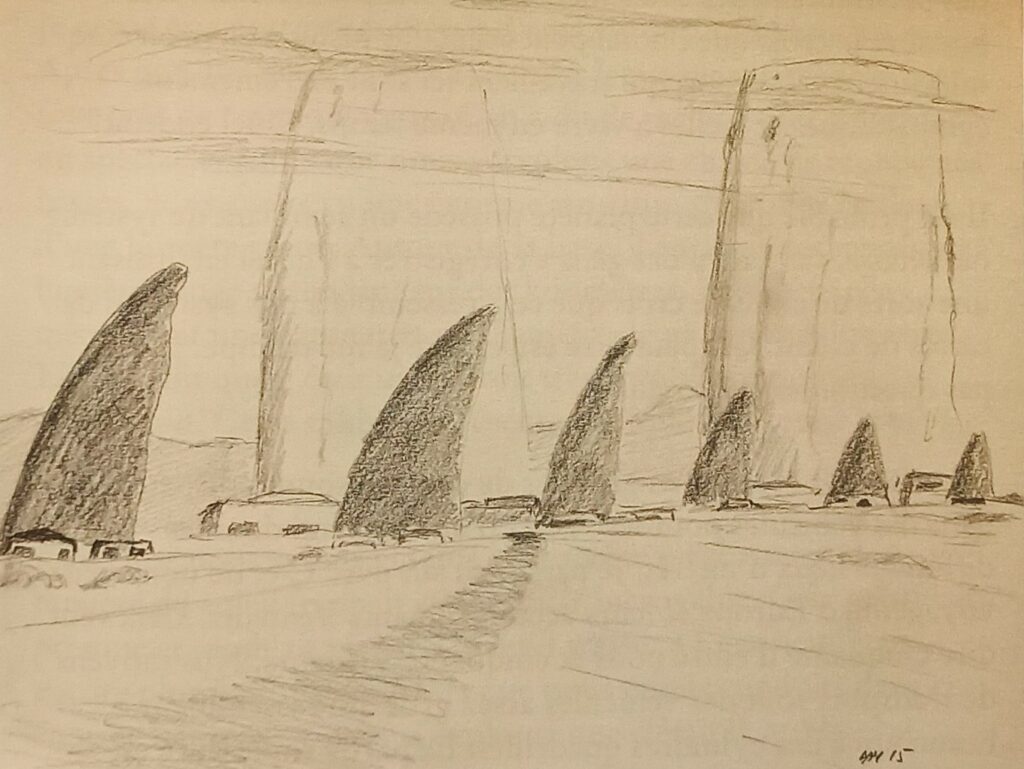 La zone des buttes rocheuses entourée de hautes colonnes naturelles où des installations vieilles de 1 million d'années d'une ancienne civilisation sont visibles. Dessin de Rene Erik Olsen depuis son livre "Autres civilisations".