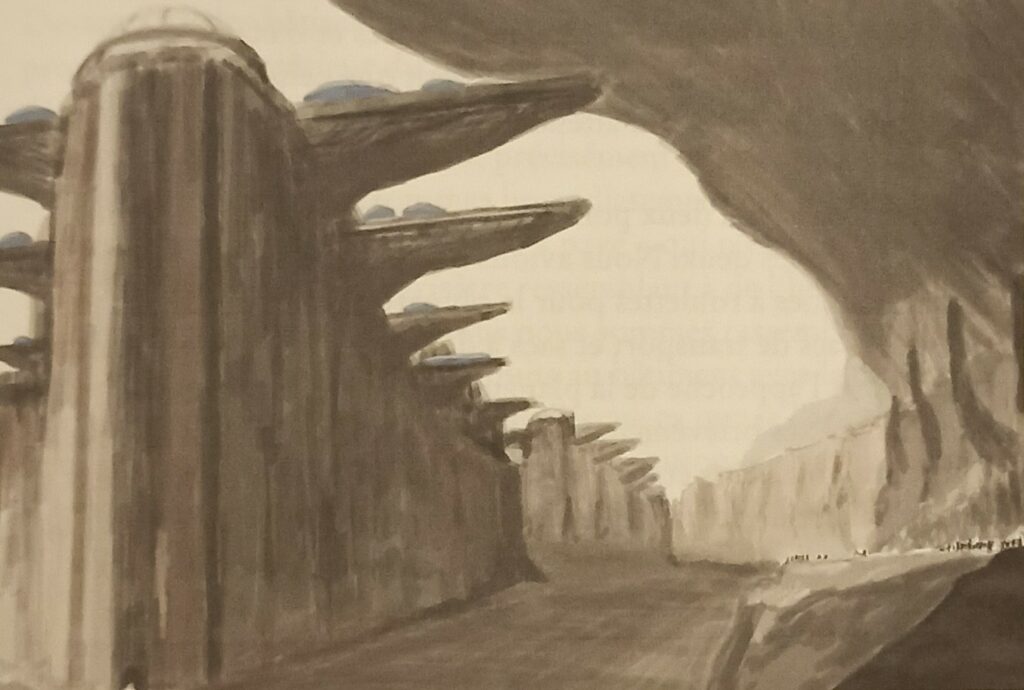 Le grand canyon avec les plate-formes en haut des falaises où sont assemblés les vaisseaux, vu lors de la visite sur la planète. Dessin de Rene Erik Olsen depuis son livre "Autres civilisations".