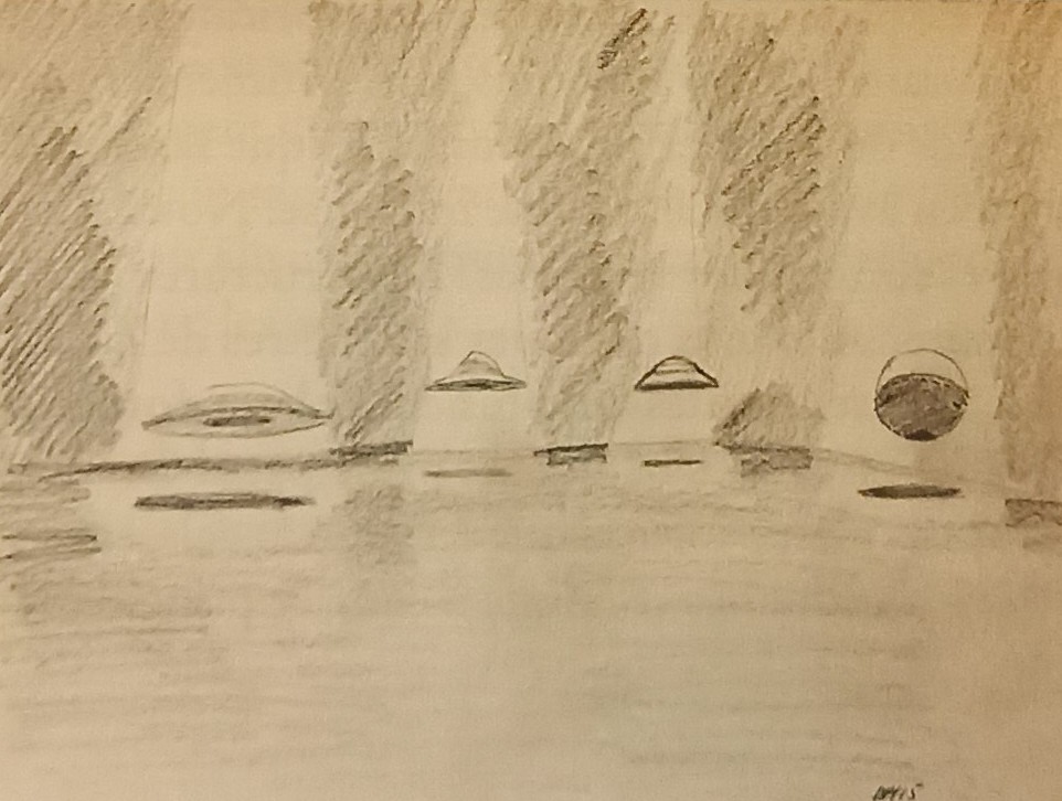 Les divers vaisseaux en suspension antigravitationelle dans les installations vieilles de 1 million d'années de l'ancienne civilisation. Dessin de Rene Erik Olsen depuis son livre "Autres civilisations".