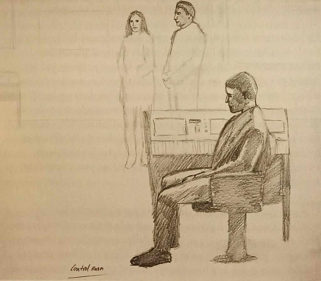 Patient installé dans le laboratoire médical du vaisseau. Dessin de Rene Erik Olsen depuis son livre "Autres civilisations".
