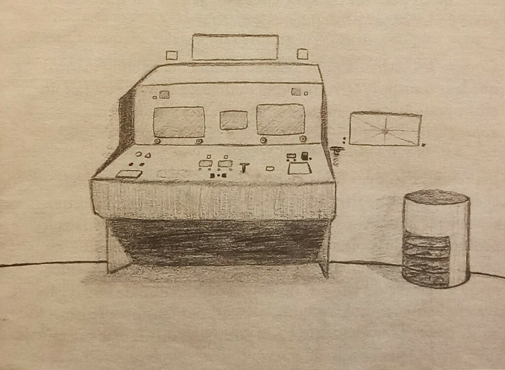 Machine dans le laboratoire médical du vaisseau. Dessin de Rene Erik Olsen depuis son livre "Autres civilisations".